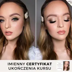 Makijaż ślubny krok po kroku: piękna panna młoda z perłową spinką i certyfikatem ukończenia kursu.