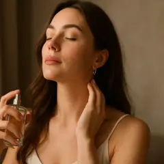 Kobieta aplikuje perfumy z dużą projekcją, zamykając oczy w błogim uniesieniu.
