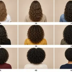 Przegląd typów skrętu włosów: od delikatnych fal (2A-2C) po sprężyste loki (3A-3C) i mocno skręcone afro (4A-4C).