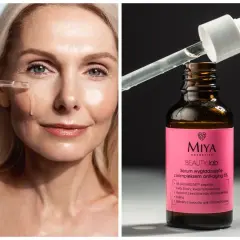 Kobieta aplikuje serum Miya Beauty.lab, które zawiera peptydy i kwas hialuronowy, odpowiadając na pytanie: jakie kwasy na zmarszczki.