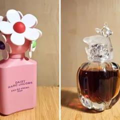 Różowa butelka Daisy Eau So Fresh Pop z kwiatkami i szklana buteleczka z jelonkiem.