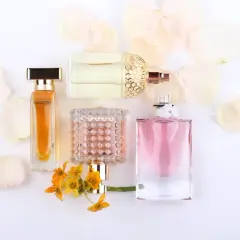 Eleganckie flakony perfum, w tym te z nutami feromonów damskich, otoczone płatkami kwiatów.