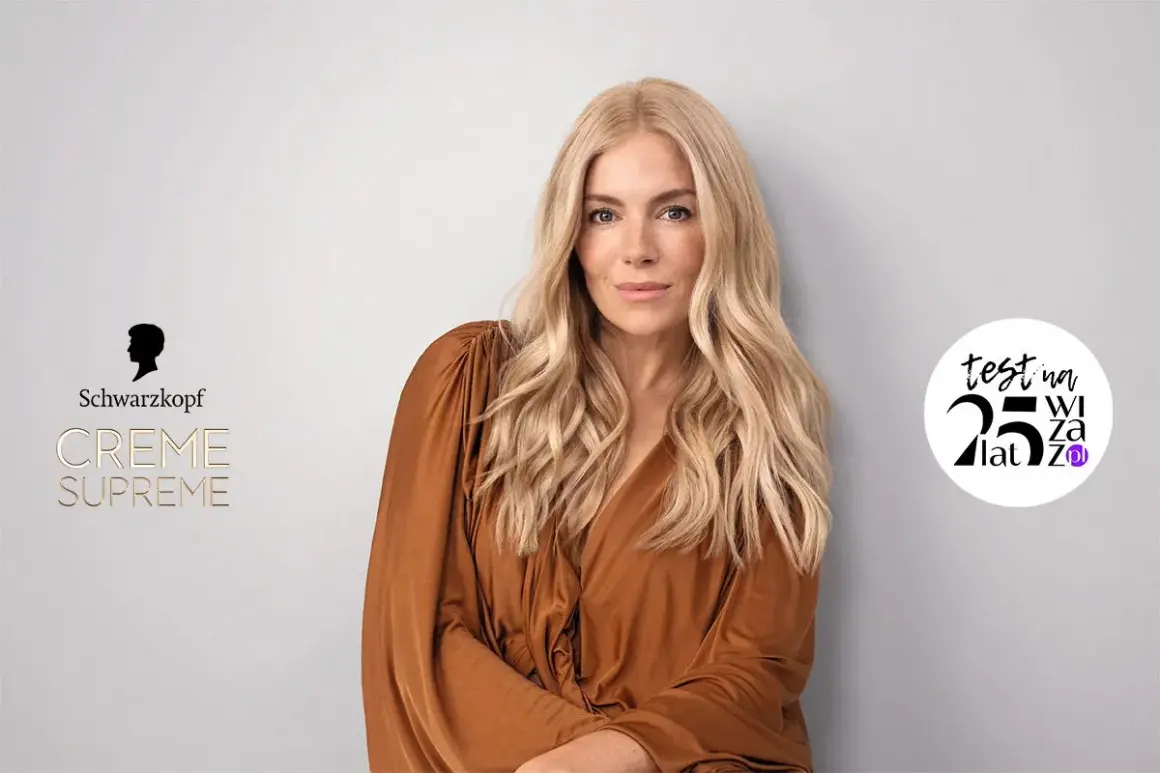 Blondynka w brązowej sukience prezentuje Schwarzkopf Creme Supreme. Jej włosy lśnią, a na tle widnieje logo marki.