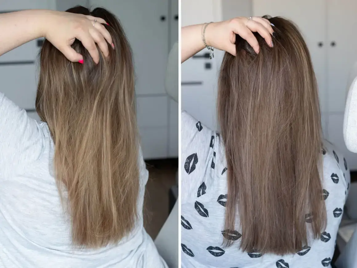 Przed i po: blond włosy zyskały głębszy, chłodniejszy odcień.