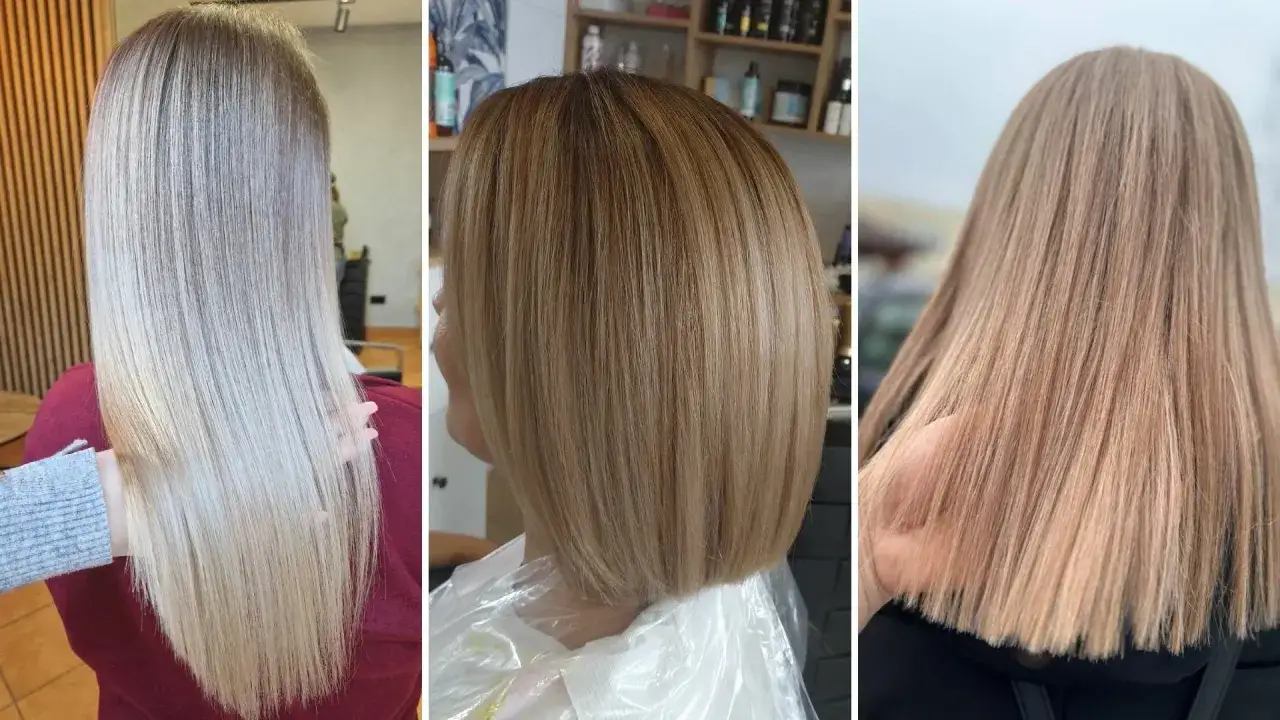 Trzy fryzury z subtelnymi, beżowymi odcieniami blondu. Od jasnego, niemal białego, przez karmelowy, po delikatny różany blond.
