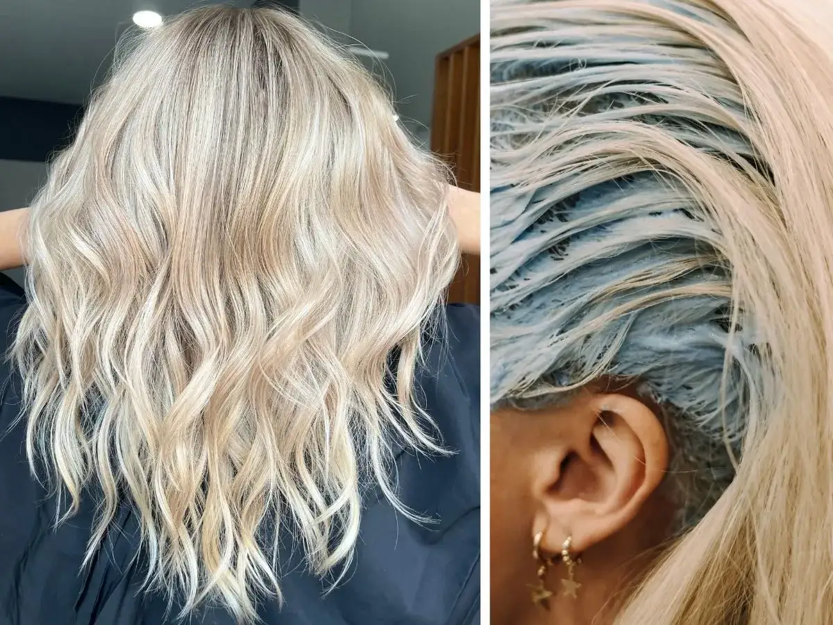 Efektowne tonowanie włosów blond. Po lewej piękny, rozświetlony kolor, po prawej widać proces aplikacji produktu.