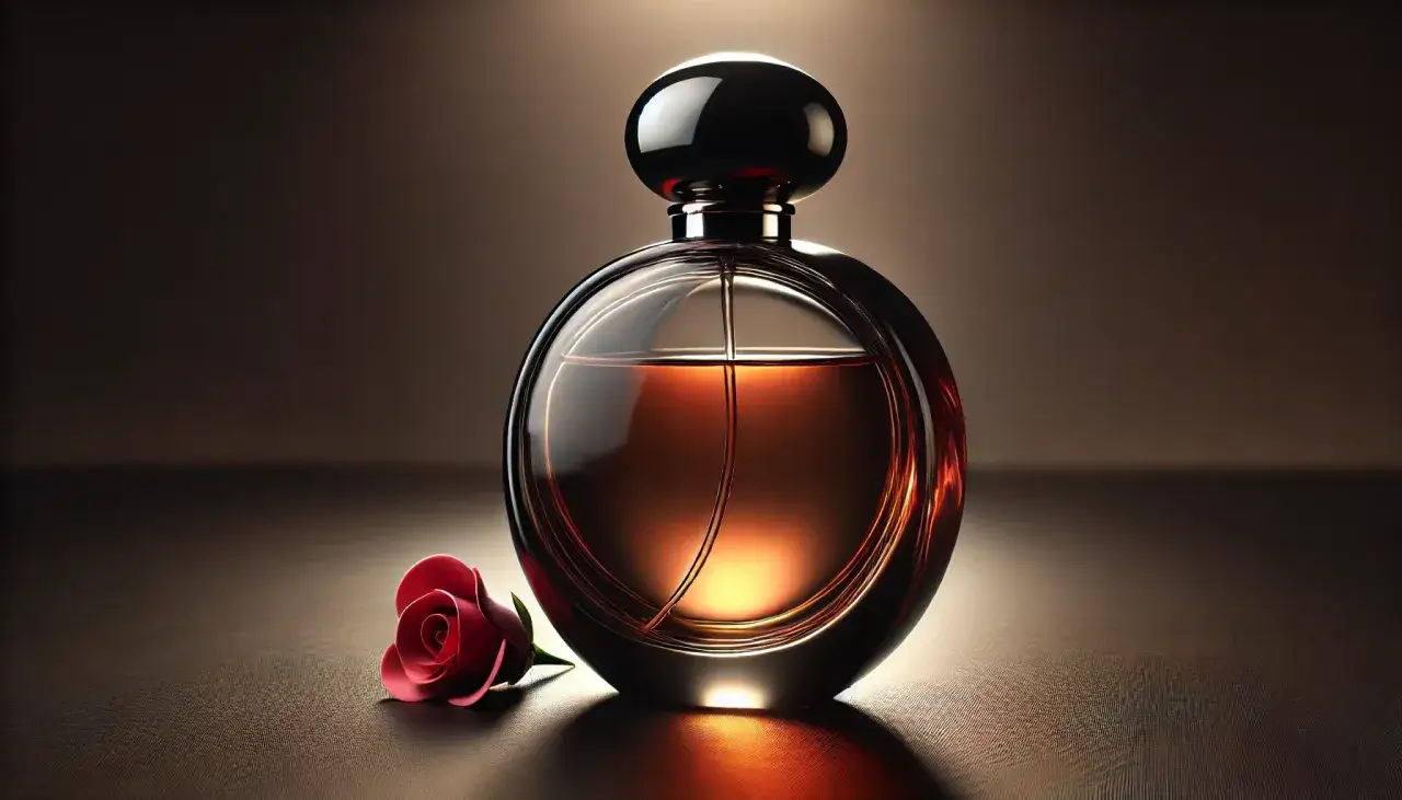 Elegancka butelka perfum, obok czerwona róża. Zapach, który przyciąga, jak damskie feromony.