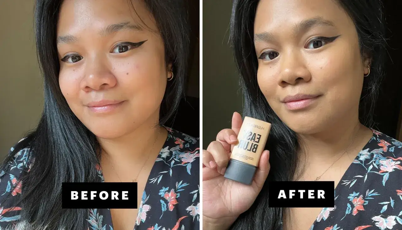 Przed i po użyciu Huda Beauty Easy Blur. Skóra wygląda na wygładzoną i zmatowioną.