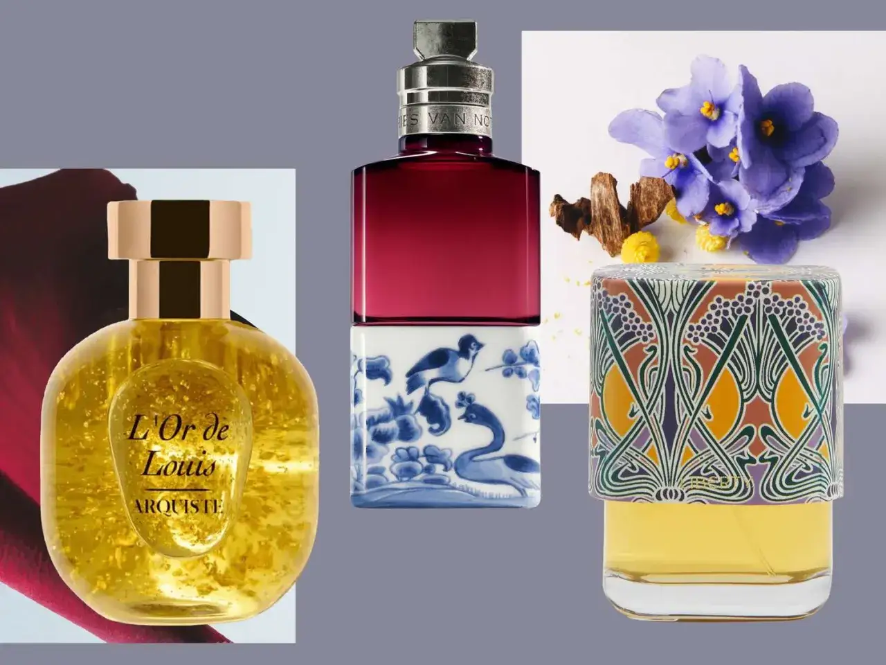 Kolekcja popularnych perfum w USA: złoty flakon L'Or de Louis, flakon z motywem ptaków i fiołków oraz perfumy w ozdobnym opakowaniu.