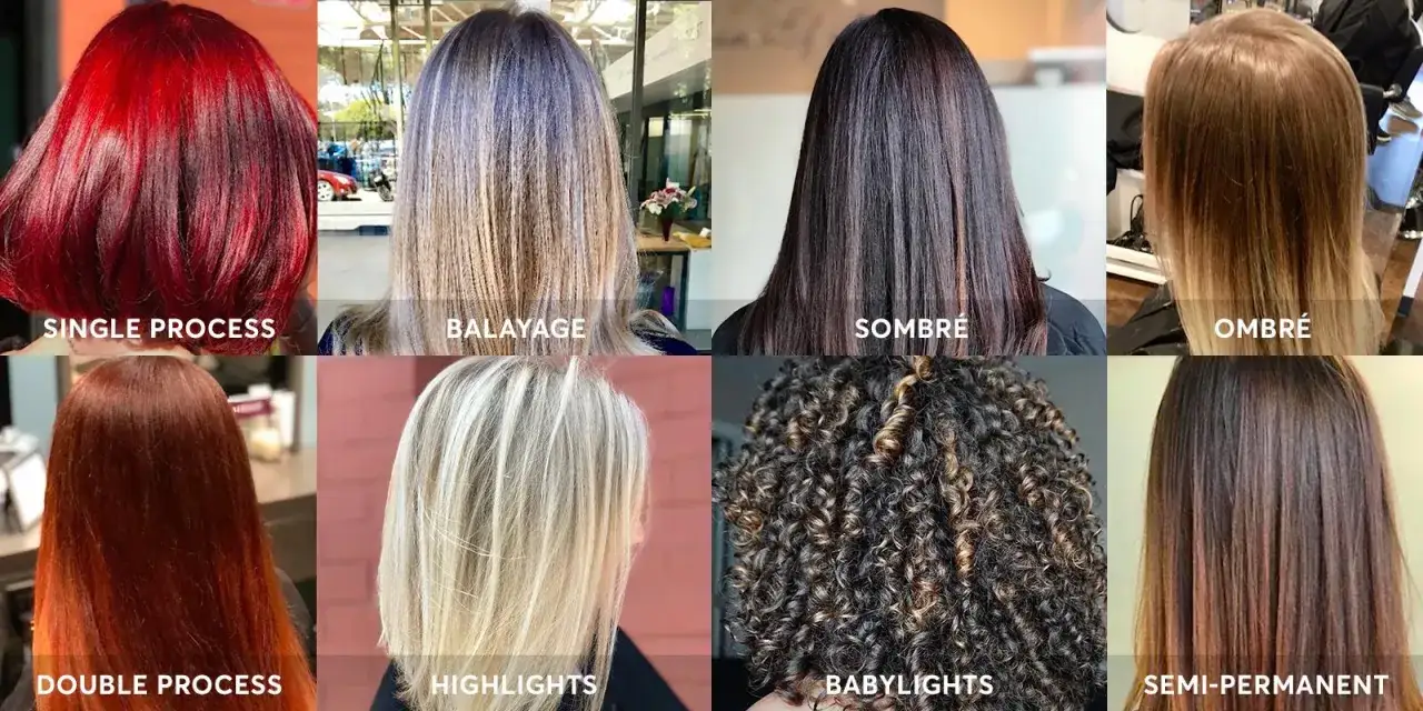 Przykłady różnych technik farbowania włosów: od jednolitego koloru, przez balayage, sombre, ombre, aż po babylights i półtrwałe efekty.